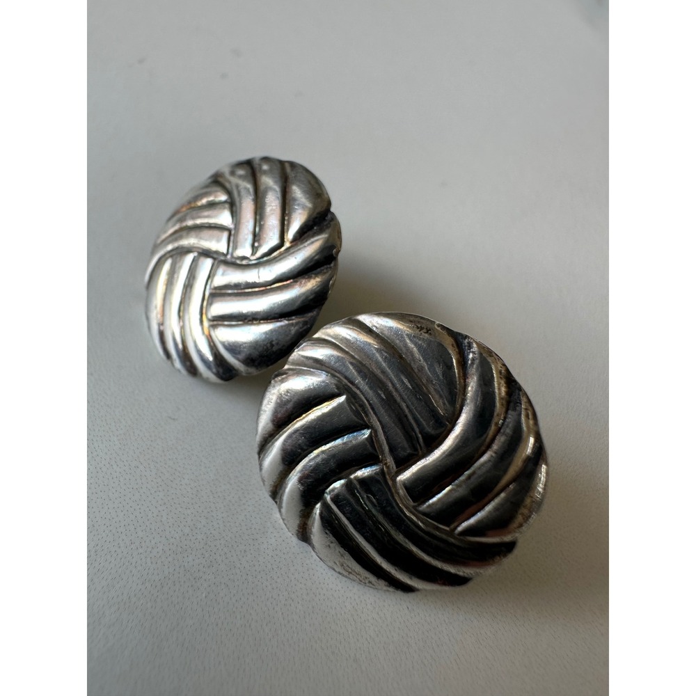 Vintage Silver Tone Love Knot Stud Earrings‎ Ribbed Basketweave Domed Round Post